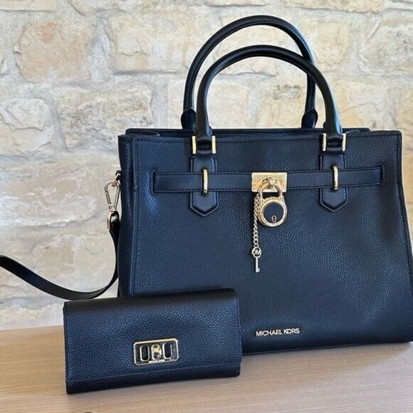 MICHAEL KORS Hamilton Medium Satchel Leather Bag Black gold +wallet set NWT - Picture 13 of 15